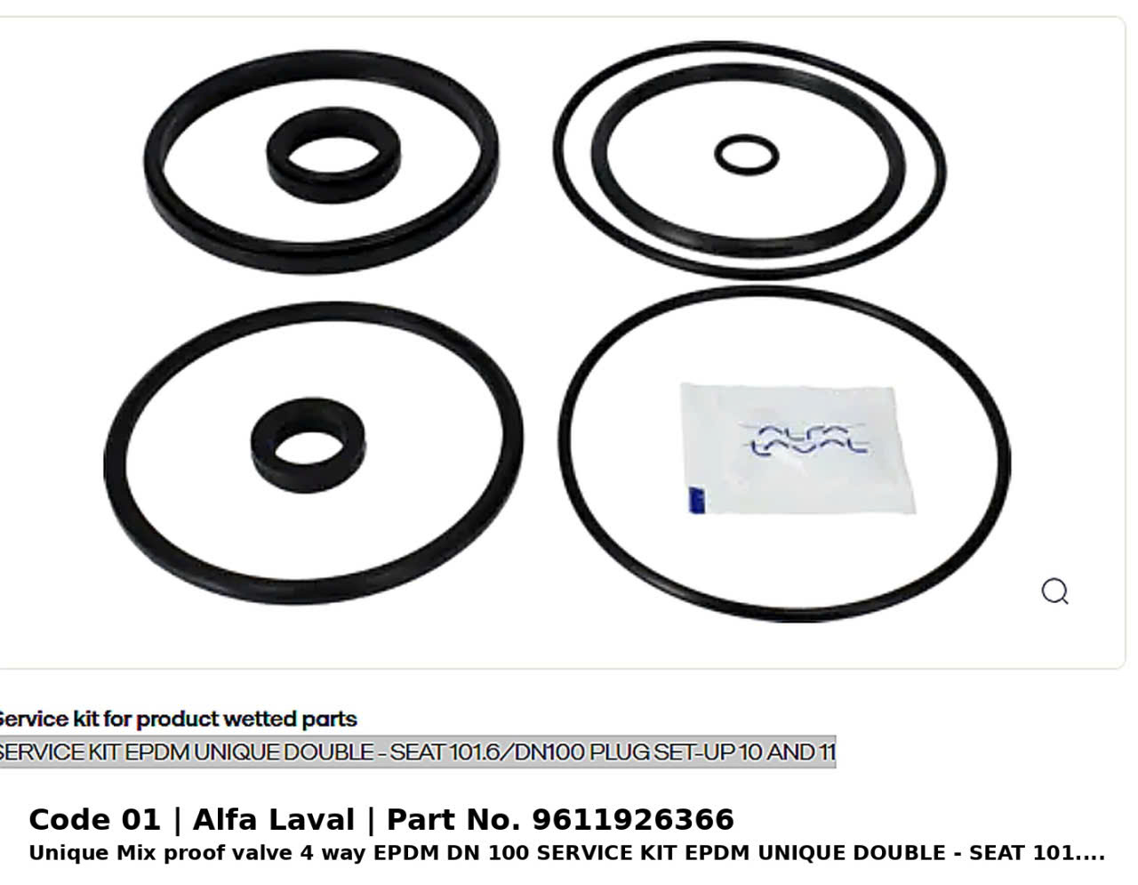 ຊຸດສ້ອມແປງ EPDM Alfa Laval Unique Mixproof Double Seat DN100, Plug Setup 10/11