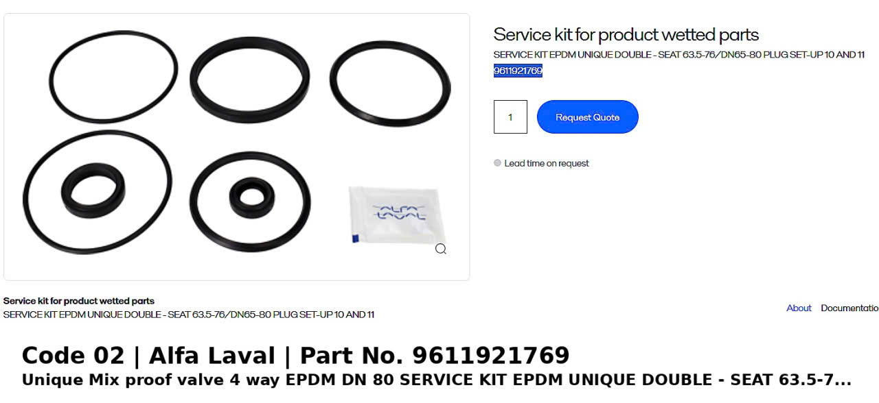 ຊຸດສ້ອມແປງ EPDM Alfa Laval Unique Double Seat 63.5–76/DN65–80, Plug Setup 10/11