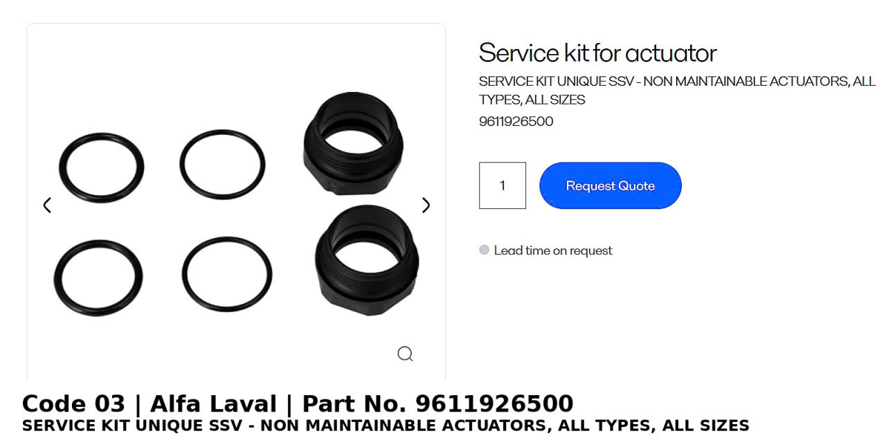 ຊຸດສ້ອມແປງ Alfa Laval Unique SSV ສຳລັບ Non-Maintainable Actuator ທຸກແບບ ແລະທຸກຂະໜາດ
