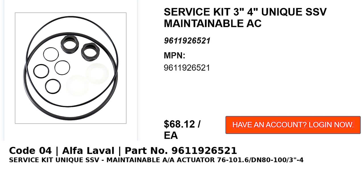 ຊຸດສ້ອມແປງ Alfa Laval Unique SSV Maintainable A/A Actuator 76–101.6/DN80–100
