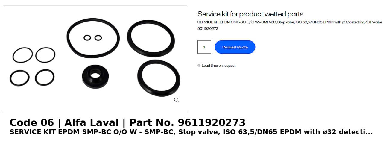 ຊຸດສ້ອມແປງ EPDM Alfa Laval SMP-BC Stop Valve ISO 63.5/DN65 ພ້ອມວາວ Detecting/CIP Ø32