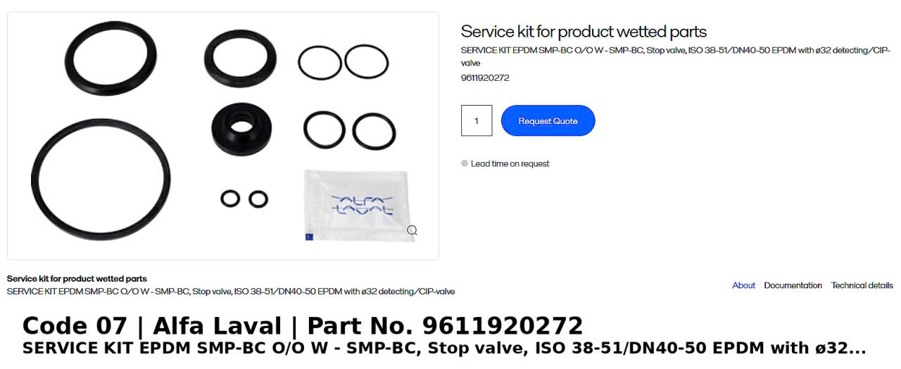 ຊຸດສ້ອມແປງ EPDM Alfa Laval SMP-BC Stop Valve ISO 38–51/DN40–50 ພ້ອມວາວ Detecting/CIP Ø32