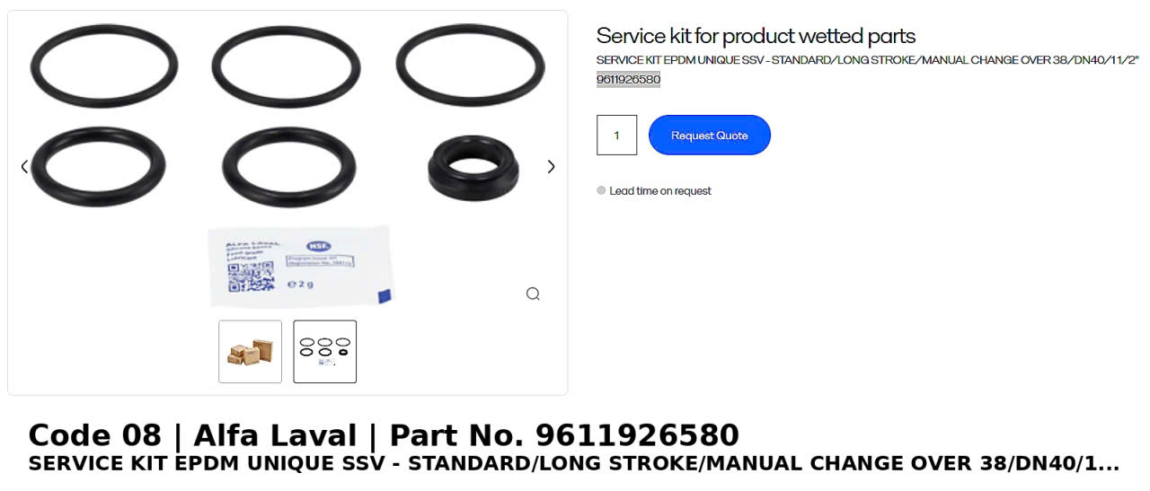 ຊຸດສ້ອມແປງ EPDM Alfa Laval Unique SSV Standard/Long Stroke/Manual Changeover 38/DN40