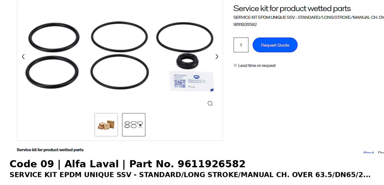ຊຸດສ້ອມແປງ EPDM Alfa Laval Unique SSV Standard/Long Stroke/Manual Changeover 63.5/DN65