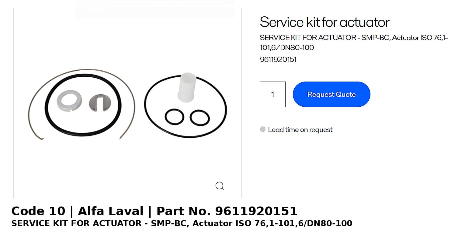 ຊຸດສ້ອມແປງ Actuator Alfa Laval SMP-BC ISO 76.1–101.6/DN80–100