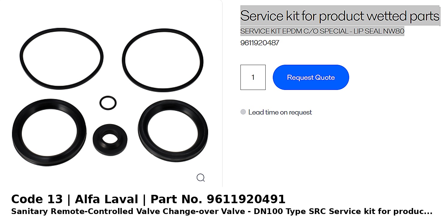 ຊຸດສ້ອມແປງ EPDM Special Lip Seal Alfa Laval SRC Change-over Valve NW100