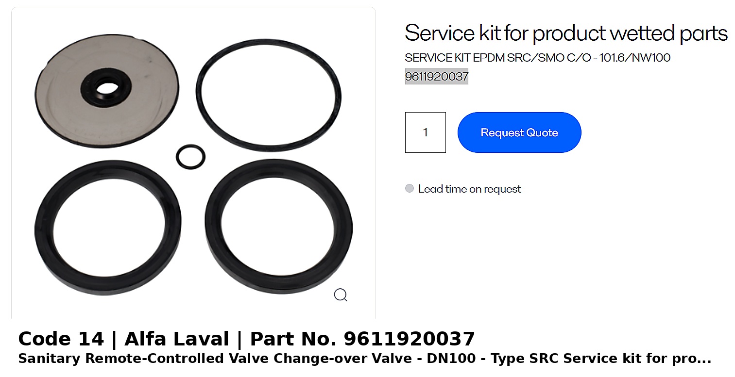 ຊຸດສ້ອມແປງ EPDM Alfa Laval SRC/SMO Change-over Valve 101.6/NW100