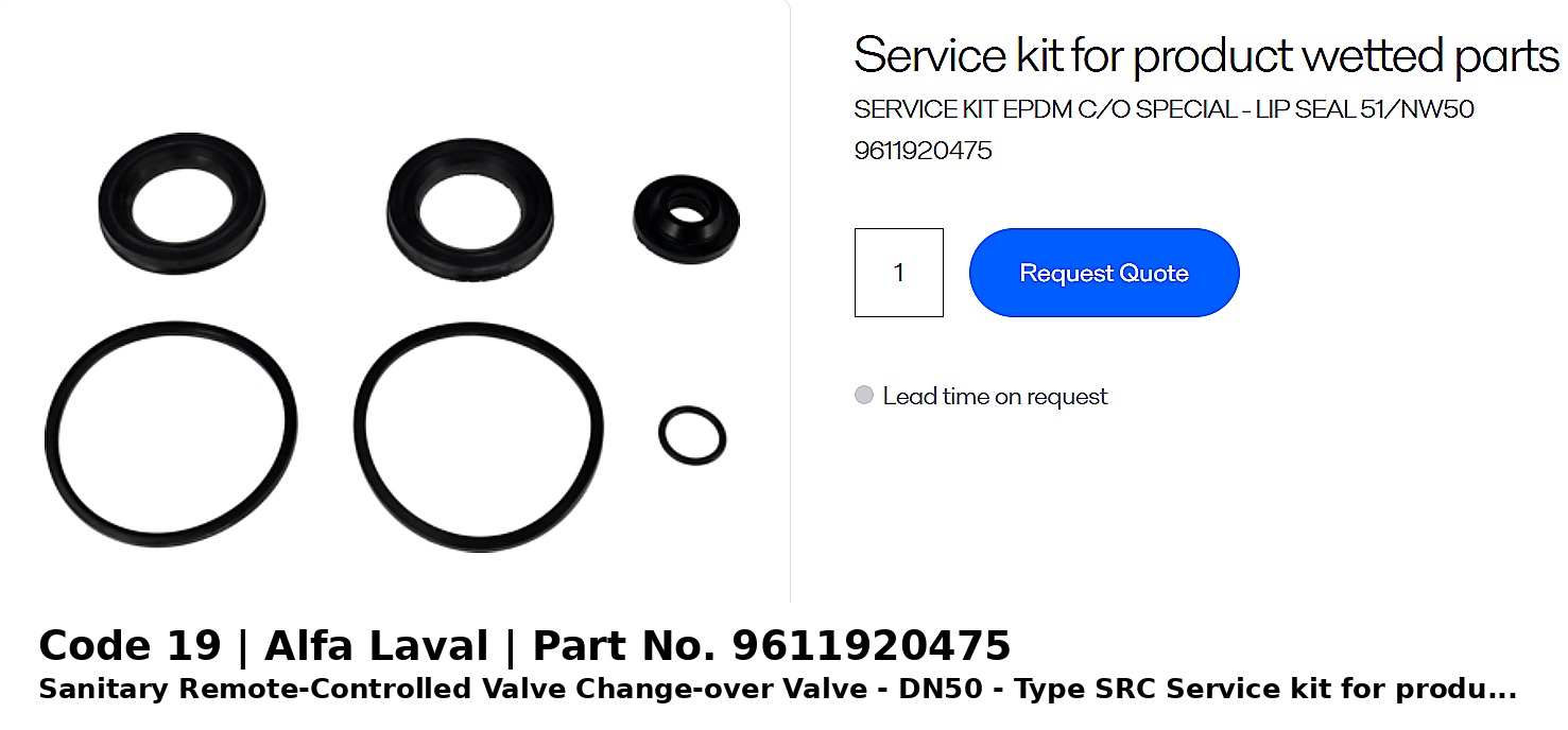 ຊຸດສ້ອມແປງ EPDM Special Lip Seal Alfa Laval SRC Change-over Valve 51/NW50