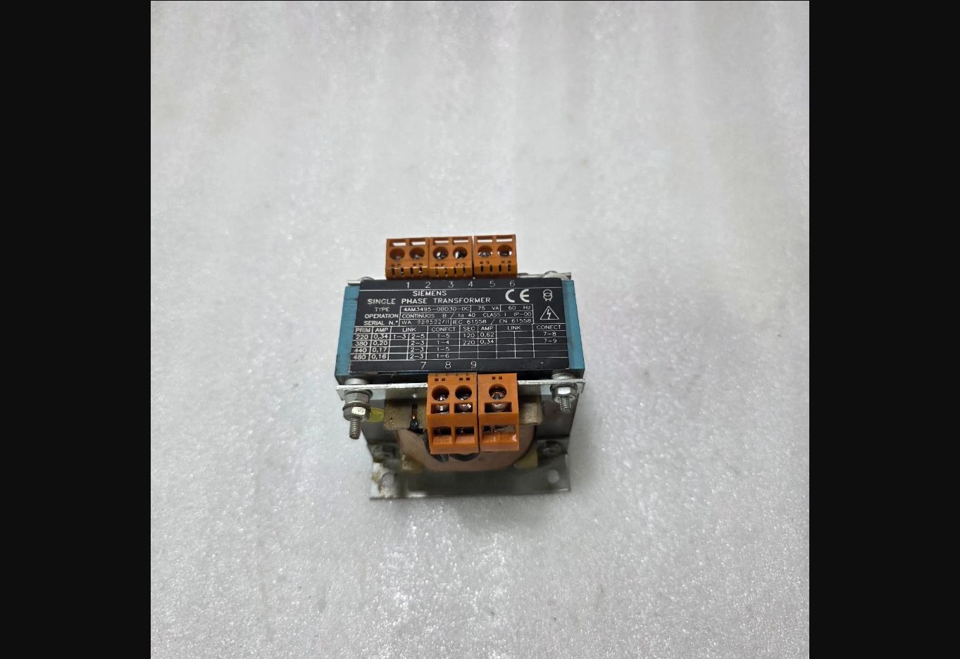Siemens 4AM3495-0BD30-0C 75 VA single-phase control transformer, 220/380/440/480 V primary to 120/220 V secondary