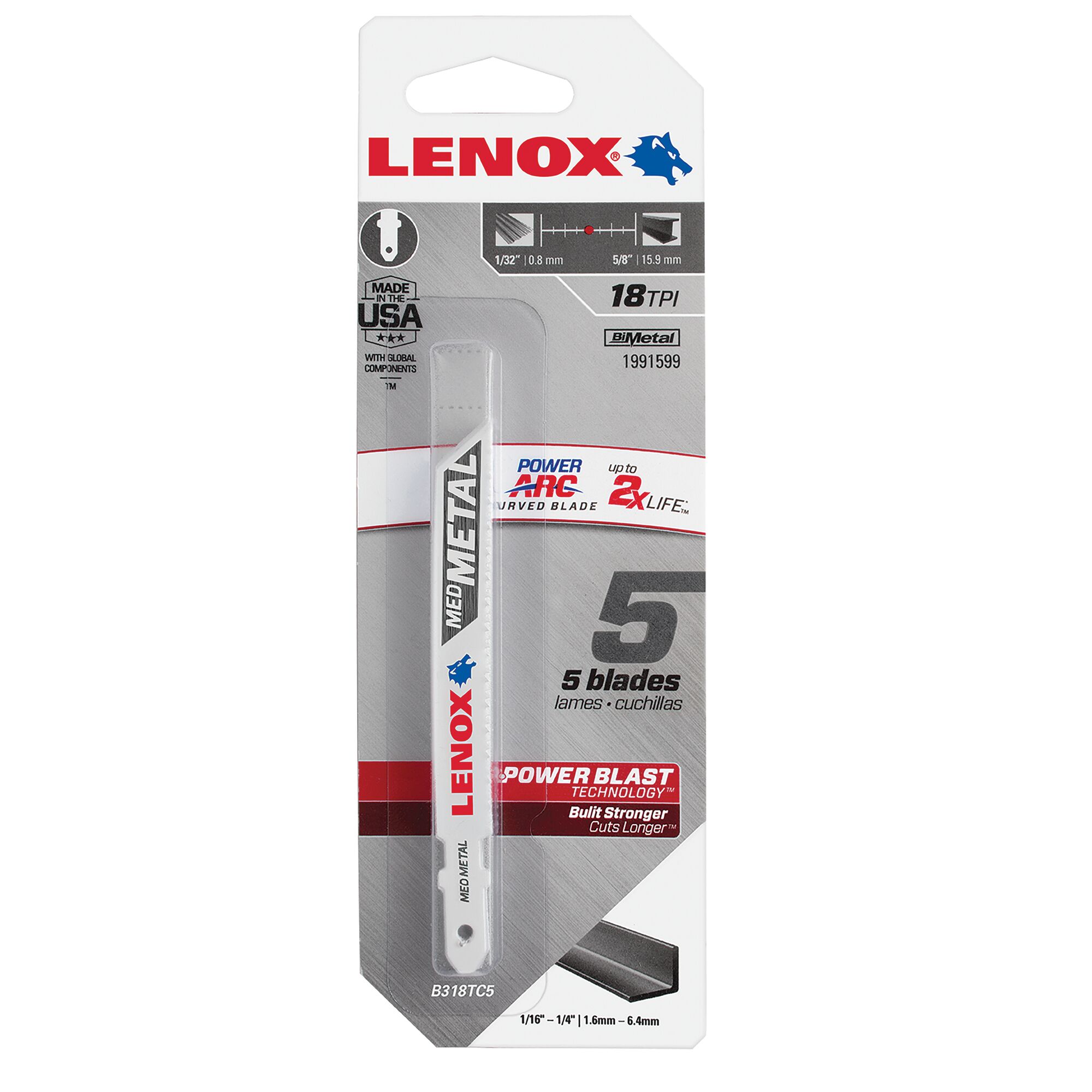 Power Arc® Curved Metal Cutting Jig Saw Blade 92 x 1 0x 0.9 18TPI 5/PK