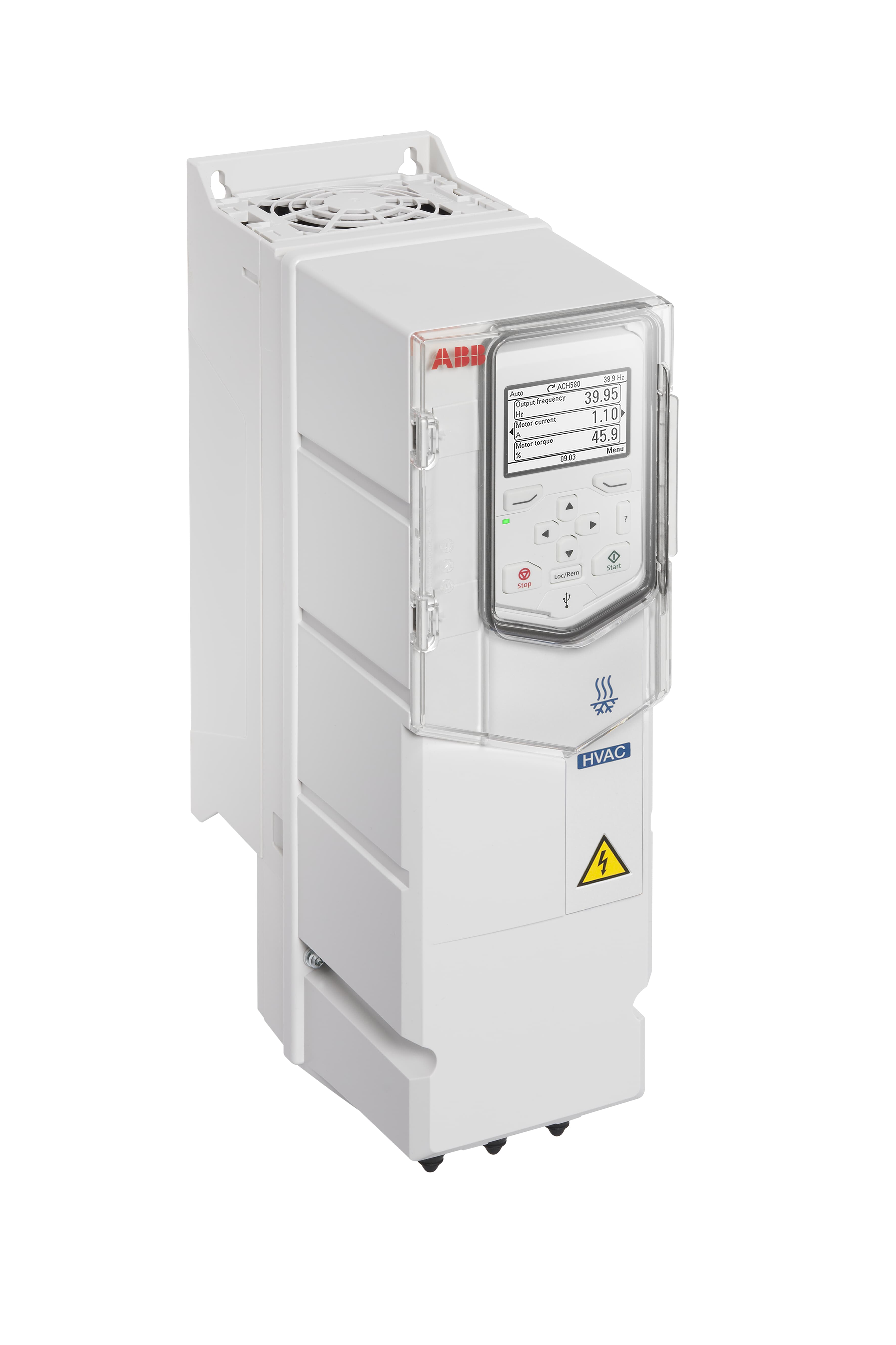 LV AC wall-mounted drive for HVAC, IEC: Pn 5.5 kW, 12.6 A, 400 V, UL: Pld 7.5 Hp, 11.0 A (ACH580-01-12A7-4+B056)