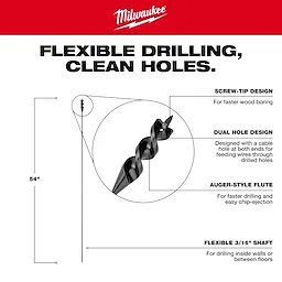 3PC 9/16” x 54" Flexible Cable Auger Bit Set