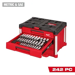 242pc. 1/4”, 3/8”, & 1/2” Drive Metric & SAE Ratchet & Socket Set with PACKOUT™ 4-Drawer Tool Box