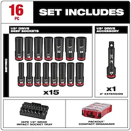 16PC SHOCKWAVE™ Impact Duty Socket 1/2” Drive 16PC MM Set with PACKOUT™