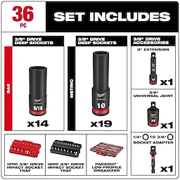 36PC SHOCKWAVE™ Impact Duty Socket 3/8” Drive Set with PACKOUT™