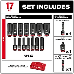 17PC SHOCKWAVE™ Impact Duty Socket 3/8” Drive SAE TRAY Set