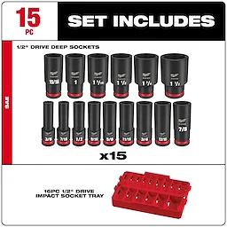 15PC SHOCKWAVE™ Impact Duty Socket 1/2” Drive SAE TRAY Set