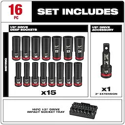 16PC SHOCKWAVE™ Impact Duty Socket 1/2” Drive MM TRAY Set