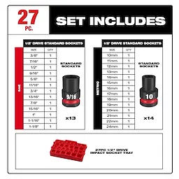 27PC SHOCKWAVE™ Impact Duty Socket 1/2” Drive SAE TRAY Set