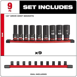 9PC SHOCKWAVE™ Impact Duty 1/2" Drive SAE Deep 6 Point Socket Set