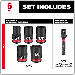 6PC SHOCKWAVE™ Impact Duty 3/8" Drive SAE Standard Socket Set