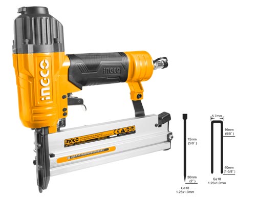 ACN50401Air nailerBrad size:15-50mm Ga18,1.25X1.0mmStaple size:16-40mmGa18,1.25X1.0mmStaple crown:5.7mmLoad capacity:100PcsOperation pressure:0.4-0.7Mpa(60-100Psi)