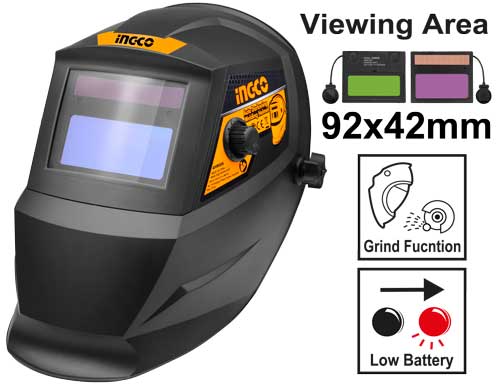 AHM008Auto-darkening welding helmetViewing area:92×42mmLight state:DIN 4Dark state:variable shade, 9 ~13