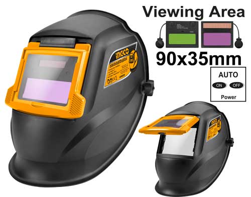 AHM009Auto-darkening welding helmetViewing area:90×35mmCartridge size:110×90×10mmLight state:DIN 4