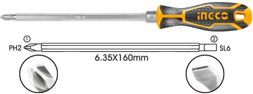 AKISD02012 In 1 screwdriver set2 IN 1 Screwdriver setsize:6.35X160MM,PH2+SL6Material:CR-V