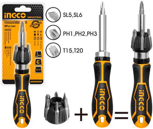 AKISD08088 Pcs ratchet screwdriver set8 pcs Ratchet Screwdriver SetMaterial：CR-VPacked by half double blister