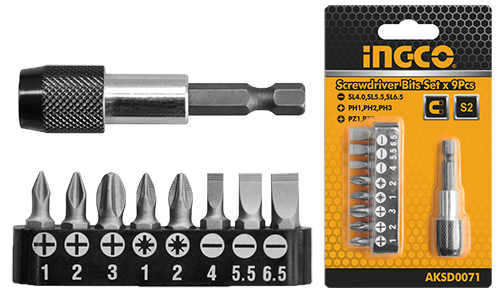AKSD00719 Pcs screwdriver bits set9 pcs /SetPH1,PH2,PH3,SL4.0,SL5.5,SL6.5,PZ1,PZ2Packed by sliding card
