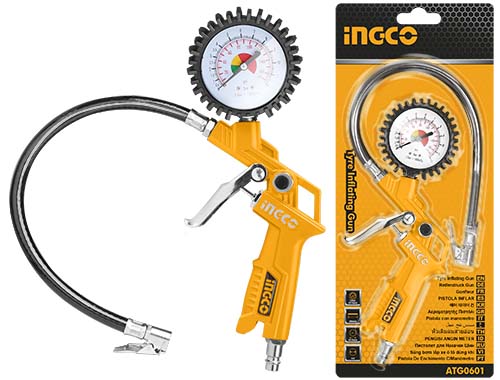 ATG0601Air tire inflating gunMax pressure:8.5Bar(120PSI)With four type connectors.Packed by sliding card