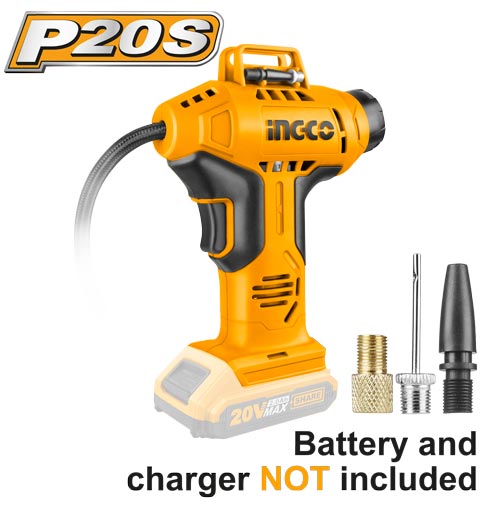 CACLI2001Cordless auto air compressorVoltage:20VMax pressure:160PSI/11BARWith 3pcs adaptors