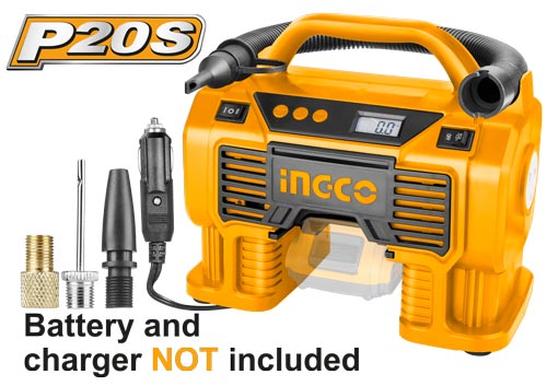 CACLI2002Cordless auto air compressorVoltage:20VMax pressure:160PSI/11BARIntegrated work light