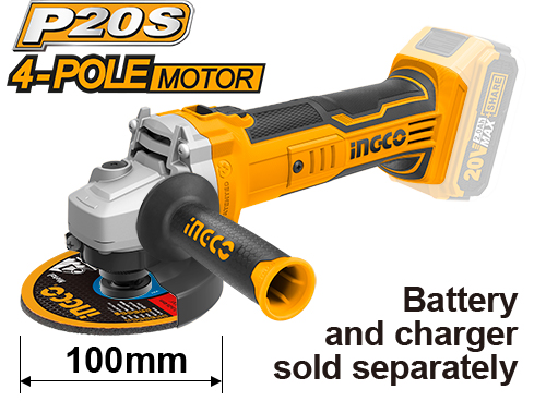 CAGLI1001Cordless angle grinderVoltage:20VNo-load speed:8500rpmDisc diameter:100mm