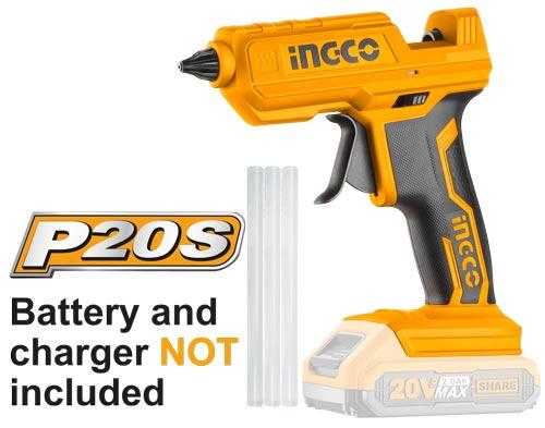 CGGLI2001Cordless glue gunVoltage:20VGluing capacity:15-18g/minWith 3 pcs 150mm glue sticks