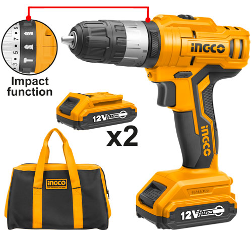 CIDLI1222Cordless impact drillVoltage:12VNo-load speed:0-400/0-1500rpmMax impact rate:0-5500/0-20000bpm