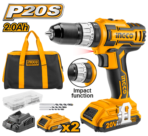 CIDLI2002Cordless impact drillVoltage: 20VNo-load speed:0-400/0-1500rpmTorque settings:18+1+1