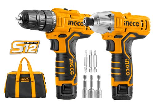 CKLI1201Cordless 2 pcs combo kitVoltage:12VWith 1PCS Lithium-Ion cordless drill With 1PCS Lithium-Ion impact driverCharge volts:220-240V~50/60Hz