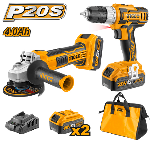 CKLI2009Cordless 2 Pcs combo kitVoltage:20VWith 1pcs Lithium-ion cordless drill(CDLI20024)With 1pcs Lithium-ion angle grinder (CAGLI1151)