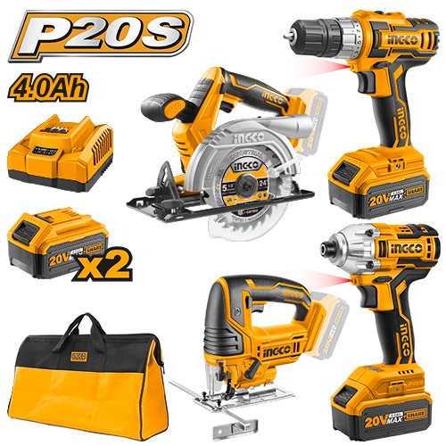 CKLI2010Cordless 4 Pcs combo kitVoltage:20VWith 1pcs Lithium-ion cordless drill With 1pcs Lithium-ion impact driver With 1pcs Lithium-ion jig saw With 1pcs Lithium-ion circular sawWith 2pcs 4.0Ah battery pack