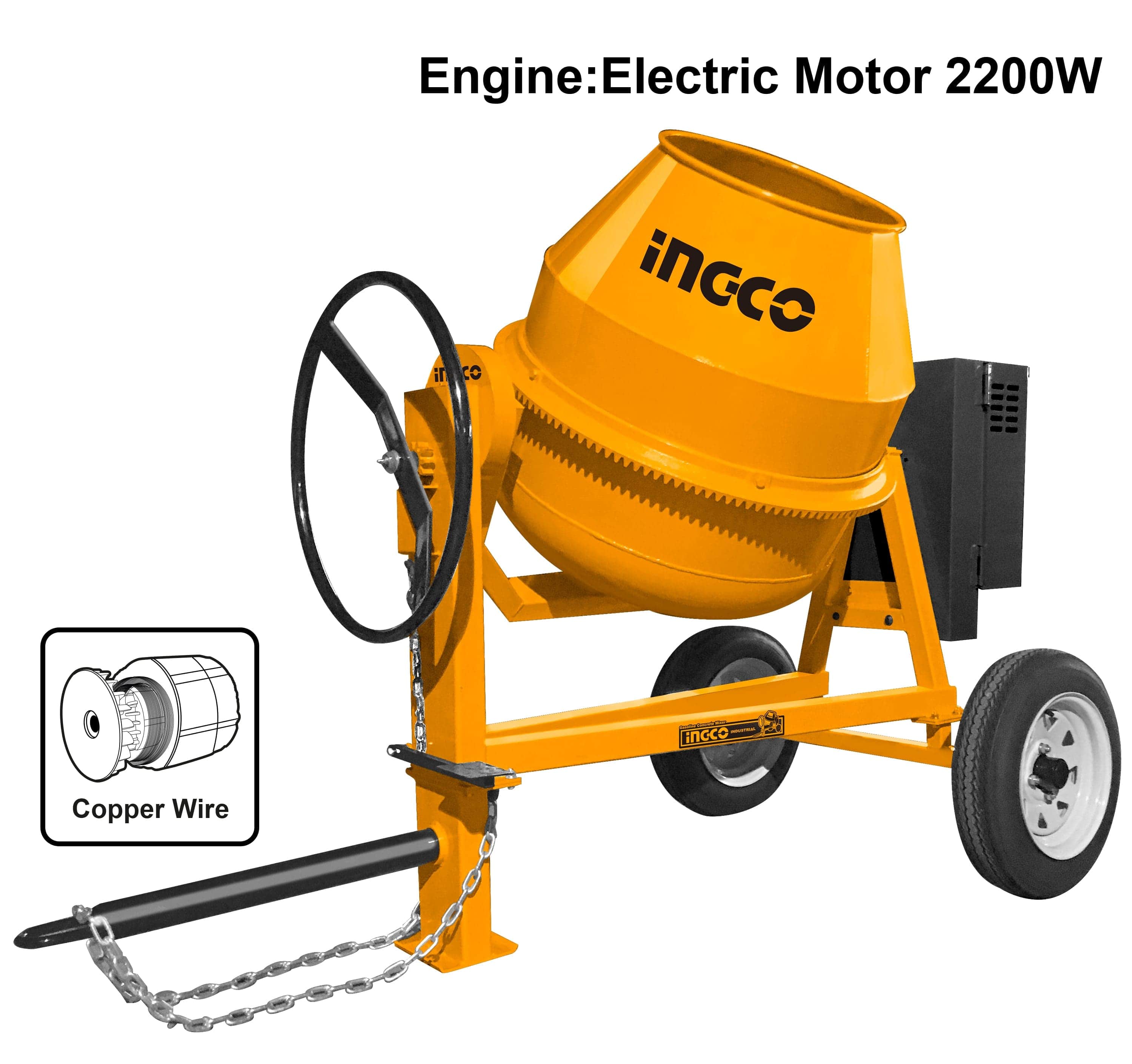 CM9011Electric concrete mixerVoltage: 220-240V~50HzInput power:2.2kW(3HP)Drum volume:350L