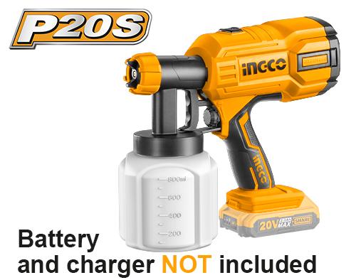 CSGLI2001Cordless spray gunVoltage: 20VSpraying Pressure:0.1-0.2BarMax. flow:600ml/minMax. viscosity:40DIN-s