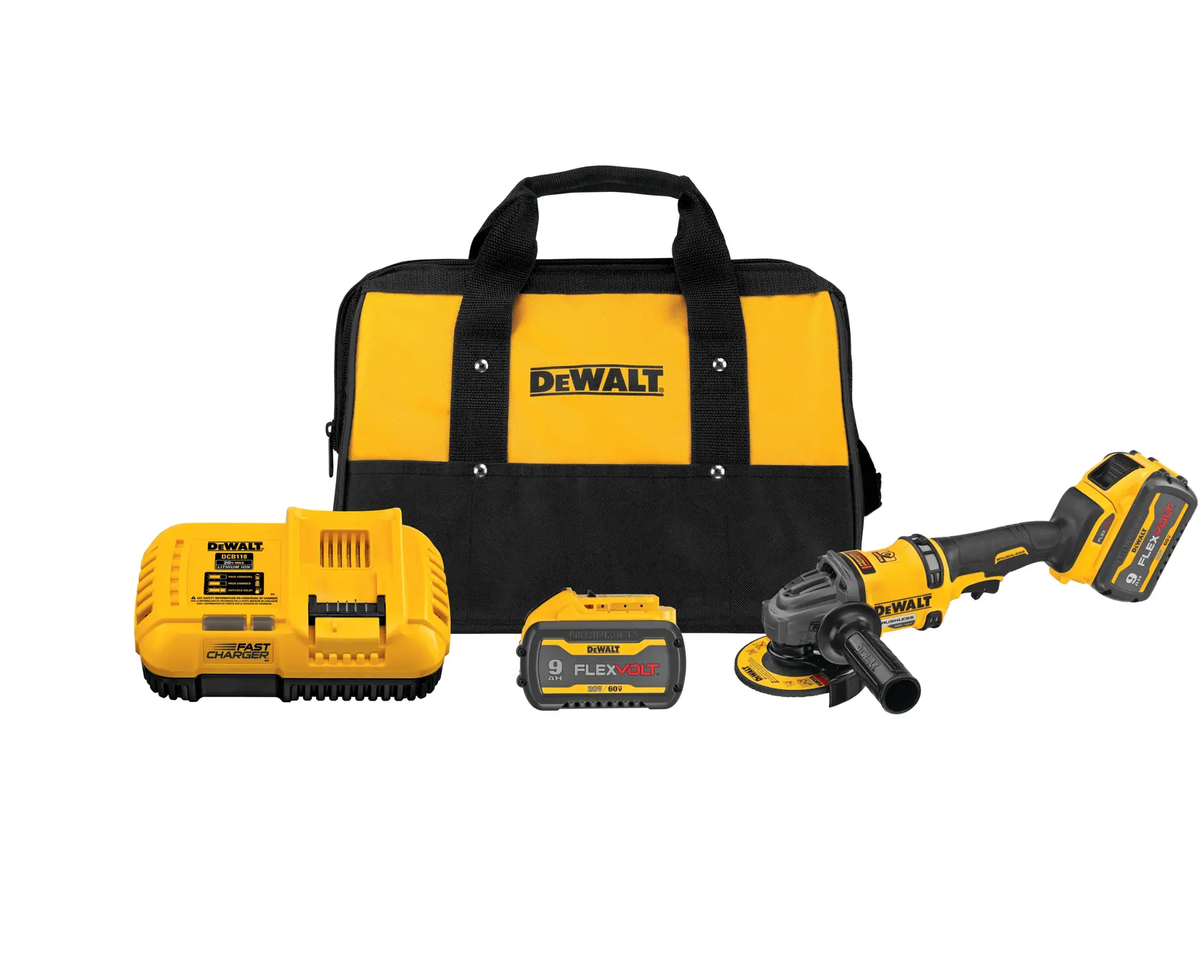 DEWALT® FLEXVOLT 60V MAX* Brushless Cordless 4-1/2-in. - 6-in. (114mm - 152mm) Small Angle Grinder with KICKBACK BREAK with (2) 9.0 Ah Batteries and Charger