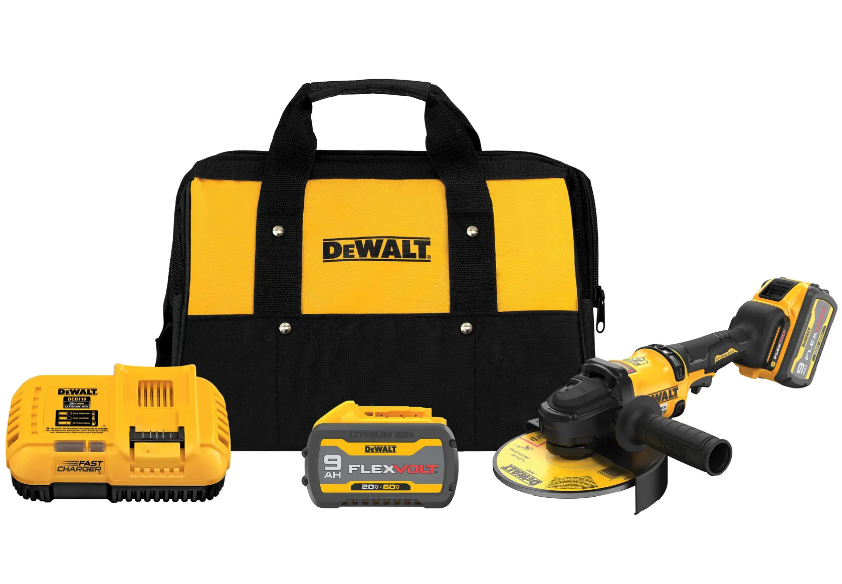 DEWALT® FLEXVOLT 60V MAX* 7-in. (178mm) Brushless Cordless Angle Grinder with KICKBACK BREAK with (2) 9.0 Ah Batteries and Charger