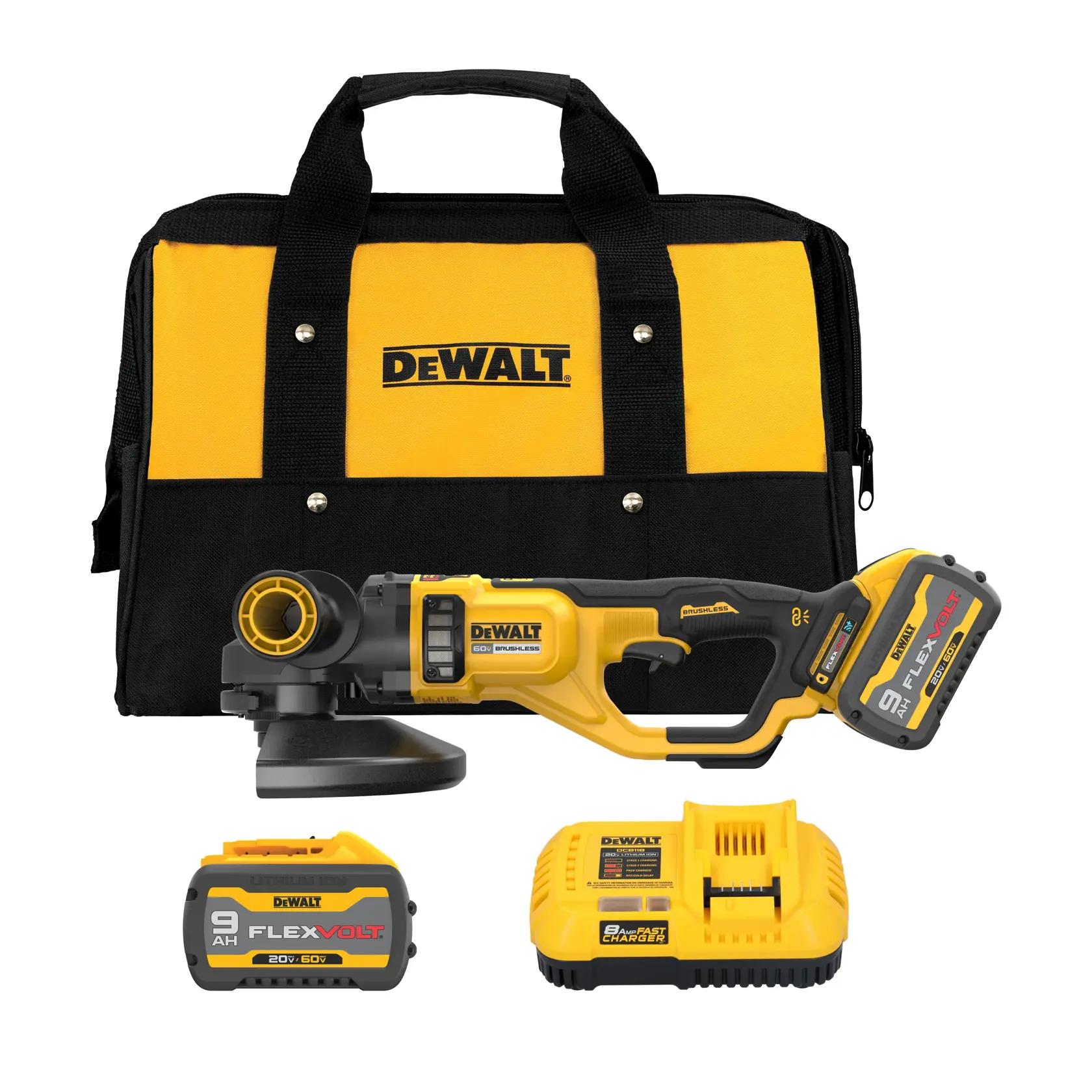 DEWALT® FLEXVOLT 60V MAX* 7-in. - 9-in. (178mm - 230mm) Cordless Large Angle Grinder with (2) 9.0 Ah Batteries and Charger