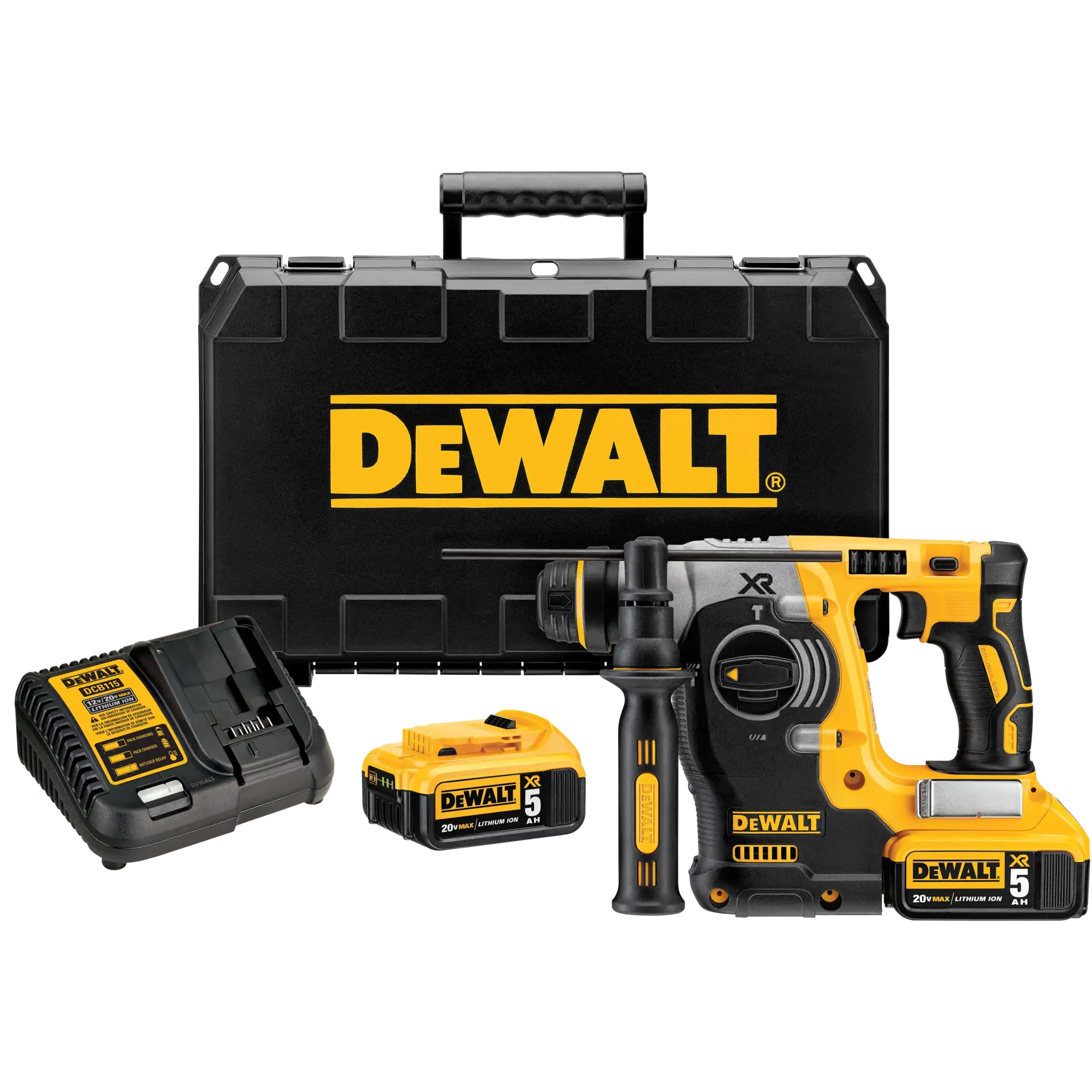 DEWALT® 20V MAX* XR Brushless Cordless 1-in. (25mm) SDS PLUS L-Shape Rotary Hammer with (2) 5.0 Ah Batteries and Charger