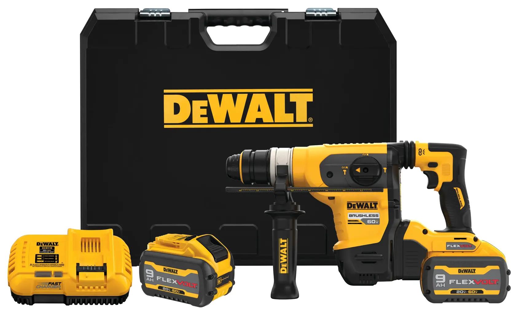 DEWALT® FLEXVOLT 60V MAX* 1-1/4-in. (32mm) Brushless Cordless SDS PLUS Rotary Hammer with (2) 9.0 Ah Batteries and Charger
