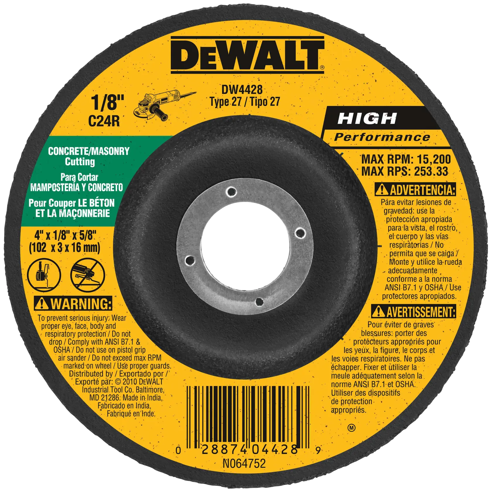 DEWALT® HP™ 4-in. x 1/8-in. x 5/8-in. T27 Silicon Carbide Grinding Wheel for Concrete & Masonry
