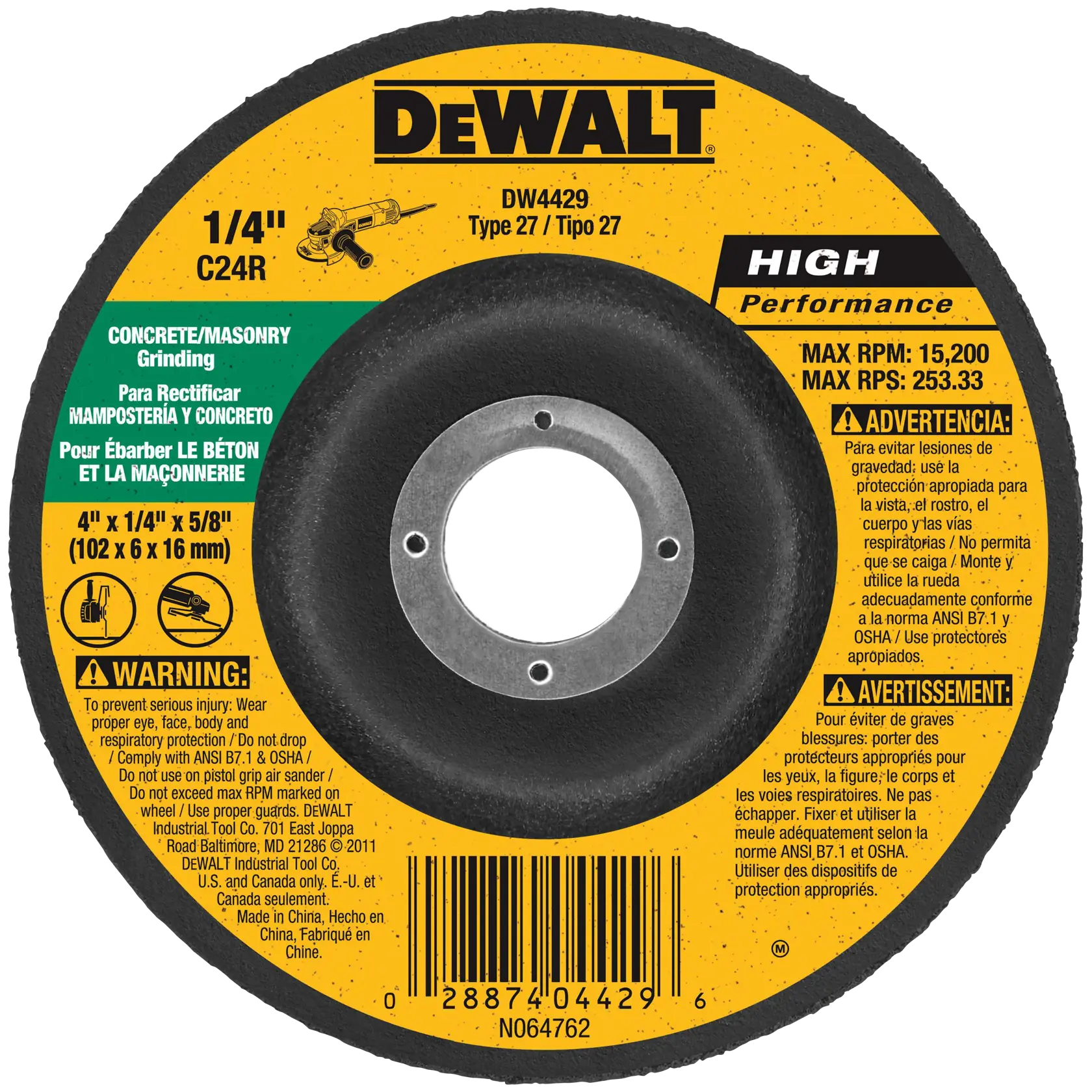 DEWALT® HP™ 4-in. x 1/4-in. x 5/8-in. T27 Silicon Carbide Grinding Wheel for Concrete & Masonry